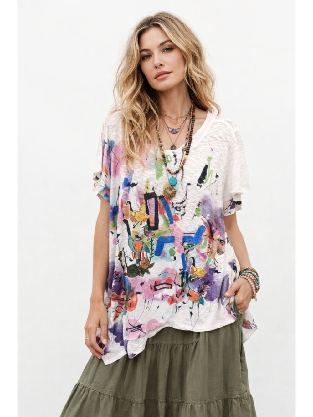 Inoah Artsy Boho Abstract Print Short Sleeve Top Lightweight Asymmetrical Hem L